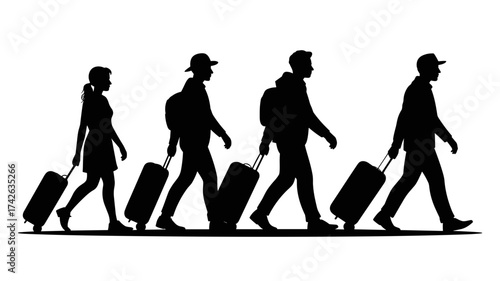 Diverse group of travelers with suitcases in silhouette ready for vacation adventure, perfect for travel blogs and tourism promotions