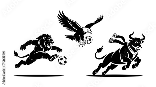 Dynamic sports team emblems featuring a powerful lion, soaring eagle, and charging bull playing soccer for branding and competitive designs
