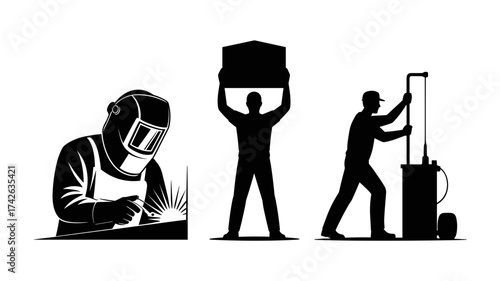 Workers silhouette set showcasing manufacturing, construction, and skilled trades professions with labor and industry themes, originally a vector
