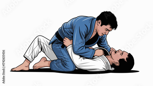 Dynamic Jiu-Jitsu grappling scene in blue gi, combat sport action, intense martial arts training, self-defense skill, fighting for victory