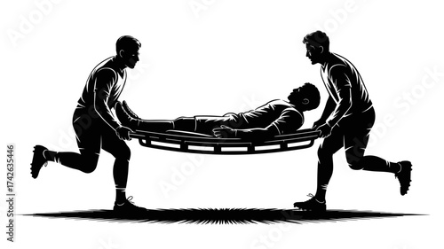 Urgent medical care two paramedics transporting injured patient on stretcher rescue emergency healthcare vector graphic design element