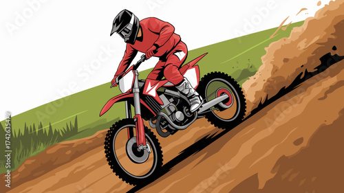 Dynamic motocross rider speeding downhill, dirt bike action, extreme sports illustration, adrenaline rush, outdoor adventure, vector design