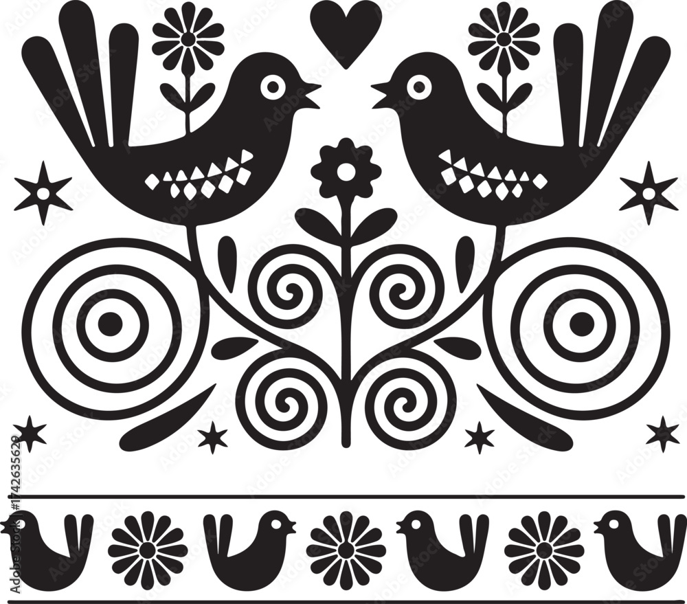 Obraz premium Cute birds on a branch with flowers and hearts vector illustration