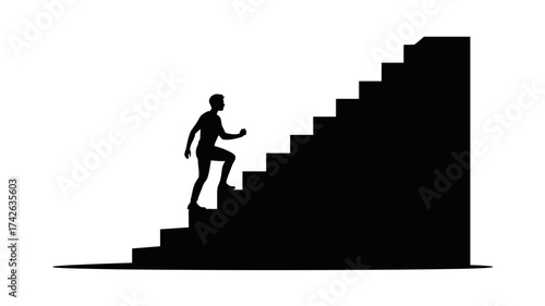 Determined man ascends a bold black staircase, symbolizing progress and ambition towards success in a modern silhouette.