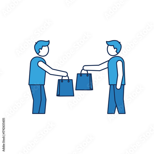 Two shoppers exchanging shopping bags in a minimalist blue scene, symbolizing commerce, trade, and consumerism in a modern, clean style.