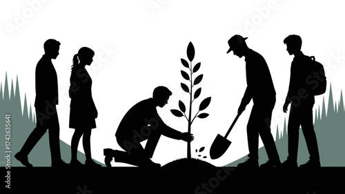 Diverse community members planting a young sapling together, symbolizing growth, teamwork, and environmental care for a greener future.