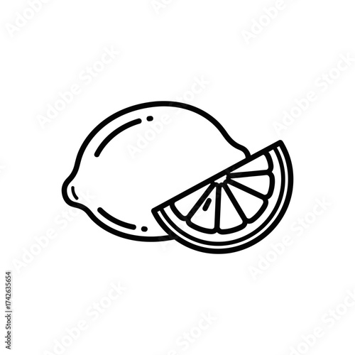 Lemon and slice sit together on white surface, simple line drawing style with clean, crisp lines, minimalist and fresh.