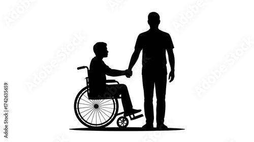 Caring friend supports person with disability, fostering inclusion and connection in a simple silhouette.