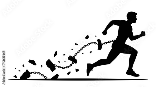 Dynamic silhouette of a determined person breaking free from chains, symbolizing triumph and liberation in motion