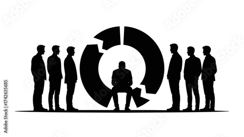 Diverse team collaborates around a powerful circular chart symbolizing growth, innovation, and strategic planning for business success.