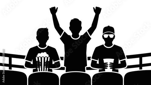 Excited sports fans celebrating victory together with popcorn and drinks in stadium seating