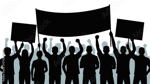 Dynamic crowd protesting with banners and raised fists, powerful symbol of collective action and social change