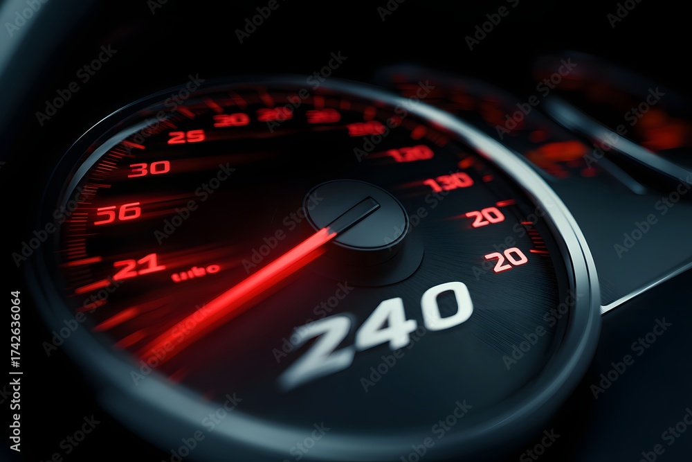 Fototapeta premium Close up of a car s illuminated speedometer dial showing a high speed reading with red glowing numbers and needle
