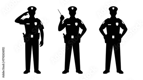 Confident police officers in uniform stand ready, one saluting, another communicating, showcasing authority and service.