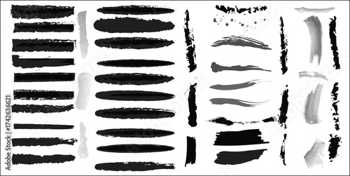 Black Paint Brush Strokes and Ink Splatters Collection on White Background