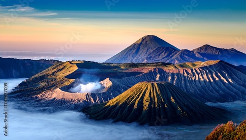 bromo mountain and fog around bromo mountain with sunrise from seruni viewpoint is an active volcano and part of the tengger massif in east java indonesia indonesian call gunung bromo blue nature