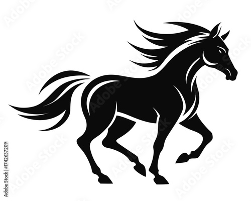 Stylized black silhouette of a galloping horse, vector artwork on white background