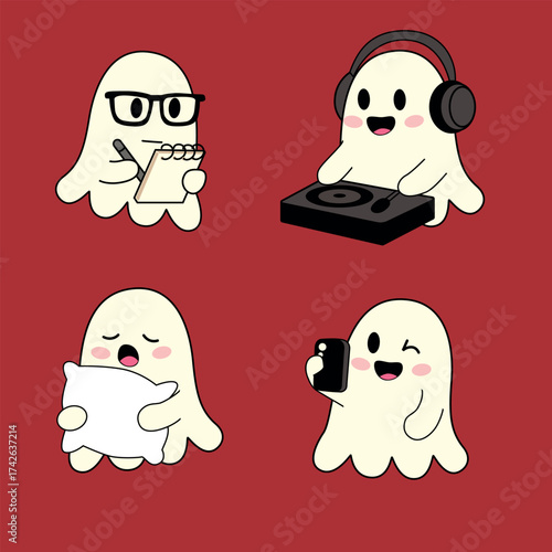 Cute cartoon ghosts with different hobbies: reading, DJing, hugging a pillow, and using a smartphone. Perfect for Halloween or ghost-themed designs.
