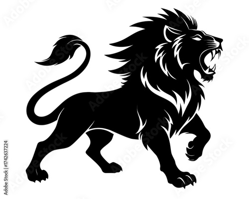 Silhouette vector of a roaring lion, black design on white background