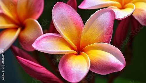 close up of pink and yellow frangipani blossoms