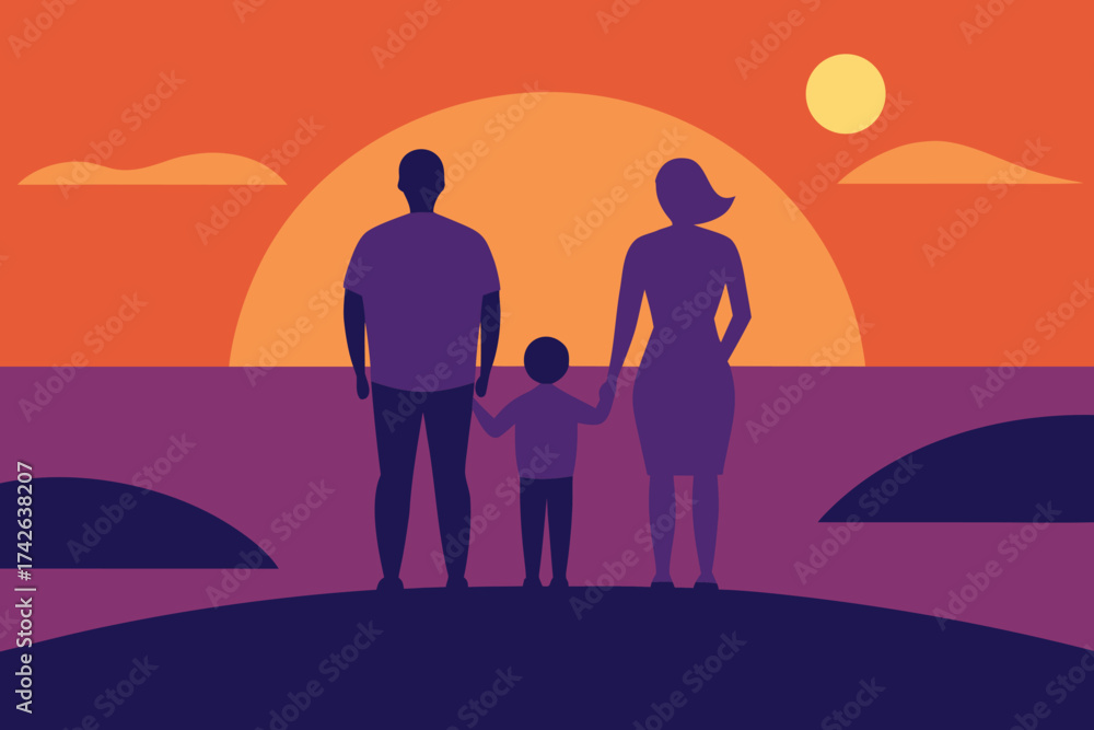 Fototapeta premium Family Watching Sunset on Beach Vector Illustration
