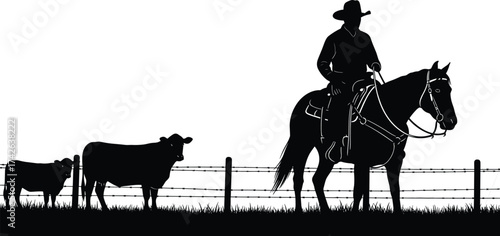 Cowboy silhouette, horse rider, cattle ranch, barbed wire fence, rural scene, livestock management, western lifestyle, vector art, black illustration, country terrain