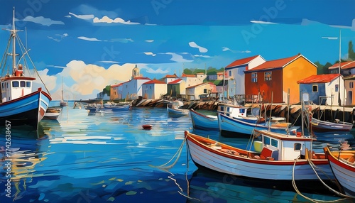 seascape with fishing boats in a small harbor