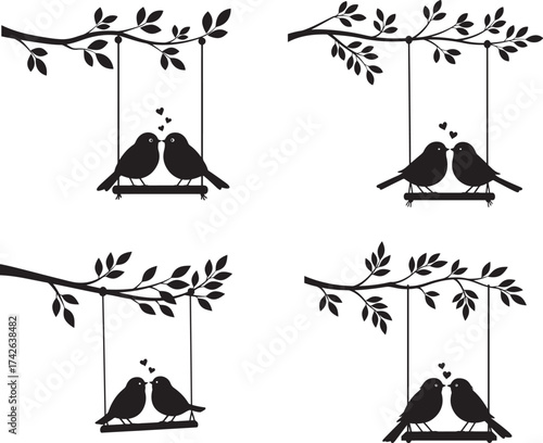 Four romantic bird couple silhouettes on swings silhouette