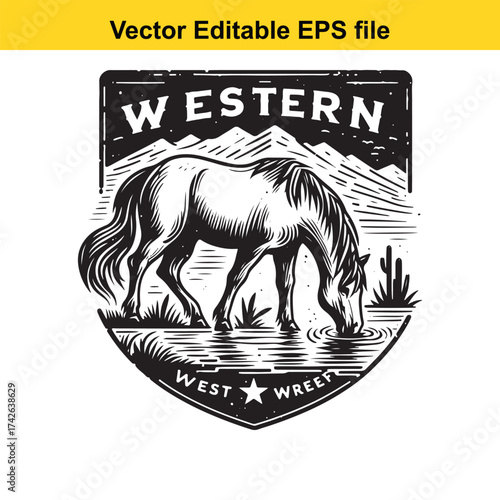 Vector art of western horse drinking water in shield emblem with mountains