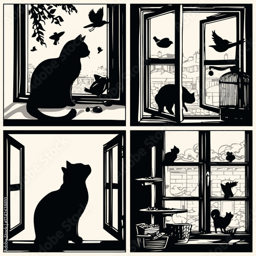 Black cat silhouette watching birds from home windows, four panel graphic illustration, domestic pet life and outdoor observation.