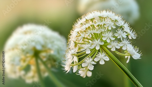 macro of delicate white umbel flowers with radiating green stems on a bright background highlighting natural symmetry and structure real photograph not ai generated
