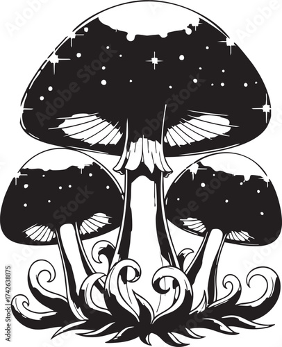 A cluster of enchanting mushrooms with starry caps, , perfect for adding a touch of woodland magic to your designs and creative projects