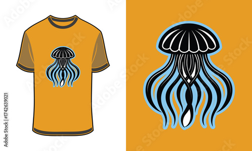 Orange t shirt with Tshirt mockup blue jellyfish graphic vector