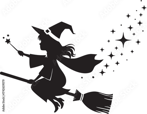 Silhouette of a witch flying on a broomstick, casting a spell with her wand and leaving a trail of stars, perfect for halloween or fantasy themed designs