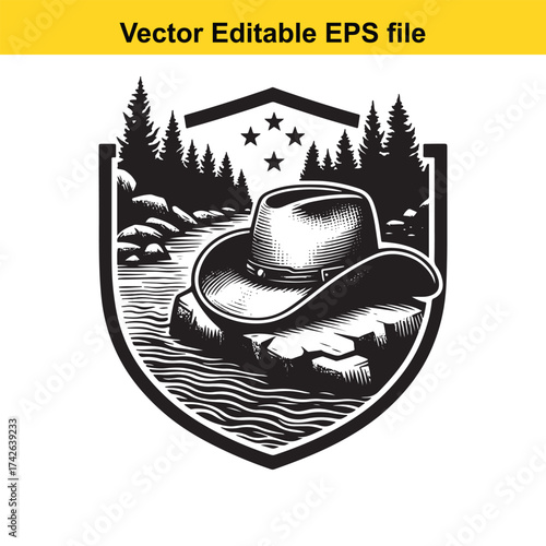 Vector art of cowboy hat resting on a rock by a stream in a forest, vector art