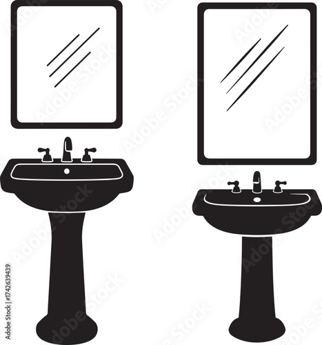 Two pedestal sinks with mirrors in silhouette