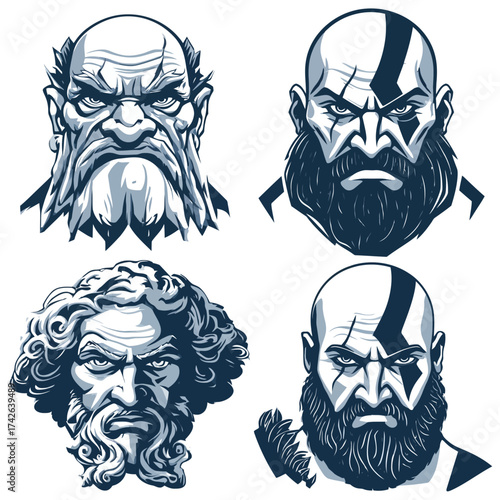 Set of graphic warrior heads with stern expressions and beards. Stylized vector illustrations of strong, mythological men.