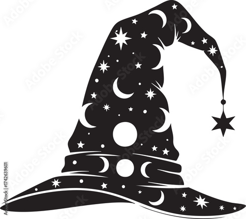 A celestial witch hat with moon and star, a magical vector illustration for halloween, fantasy themes, and mystical designs