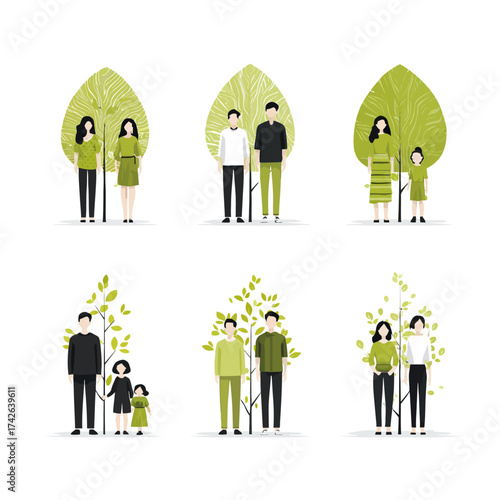 Set of diverse family illustrations with green trees, symbolizing growth, harmony, and environmental connection