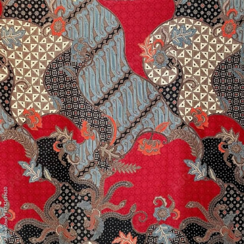 fabric texture background seamless floral pattern batik Red gold Element 