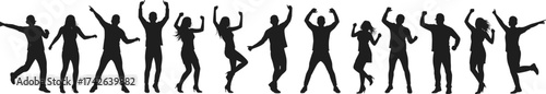 Jumping silhouettes, dancing figures, celebration poses, raised arms, black background, joyful stock image, group activity, party vibe