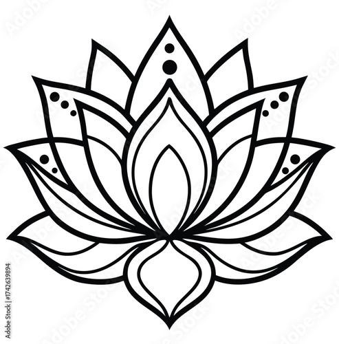 Elegant minimalist black and white lotus flower illustration, symbolizing purity, enlightenment, and peace, ideal for spiritual and wellness branding, yoga studios, and meditative decor