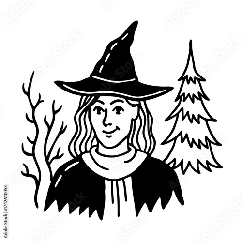 Vector illustration of a witch with a hat and spooky tree in a declarative style illustration