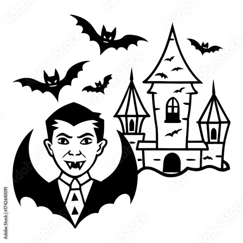Scary dracula vampire with haunted castle and bats halloween vector illustration illustration