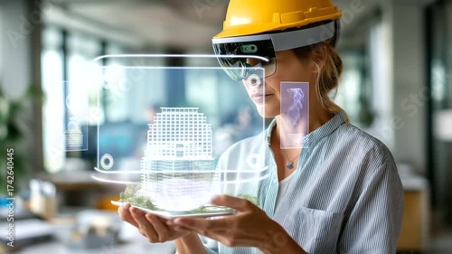 A Japanese female civil engineer using an AR headset to review a digital building hologram in a high-tech workspace, Japanese architect augmented reality, AR construction model, As