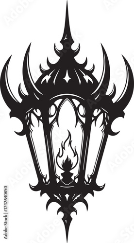 An ornate black lantern with a flickering flame, casting eerie shadows, its intricate design evokes a sense of mystery and gothic charm, perfect for halloween themes