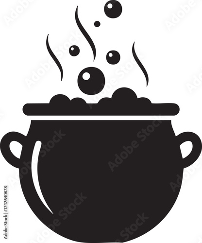 A bubbling black cauldron with rising steam and floating bubbles, this simple yet evocative image captures the essence of witchcraft and magical potions