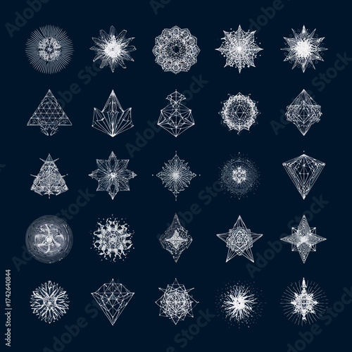 Collection of diverse abstract geometric shapes, intricate digital patterns, crystalline forms, complex mandalas, and futuristic design elements