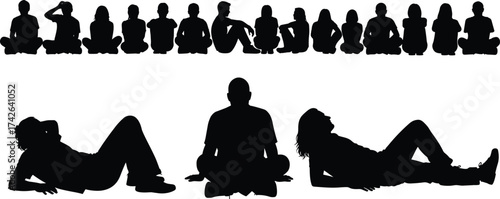 Seated silhouettes, cross-legged poses, reclining figures, group posture, expressive body language, amic contrast, peaceful group, posture study