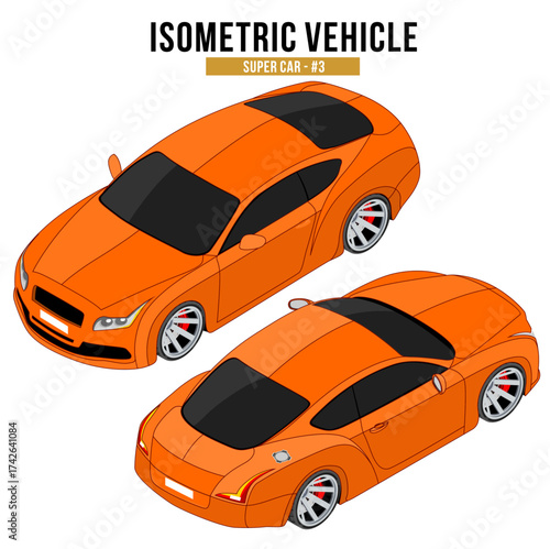 Isometric vector of an orange supercar with sleek aerodynamic design and sporty details. Ideal for automotive themes, games, infographics, or modern transportation projects.